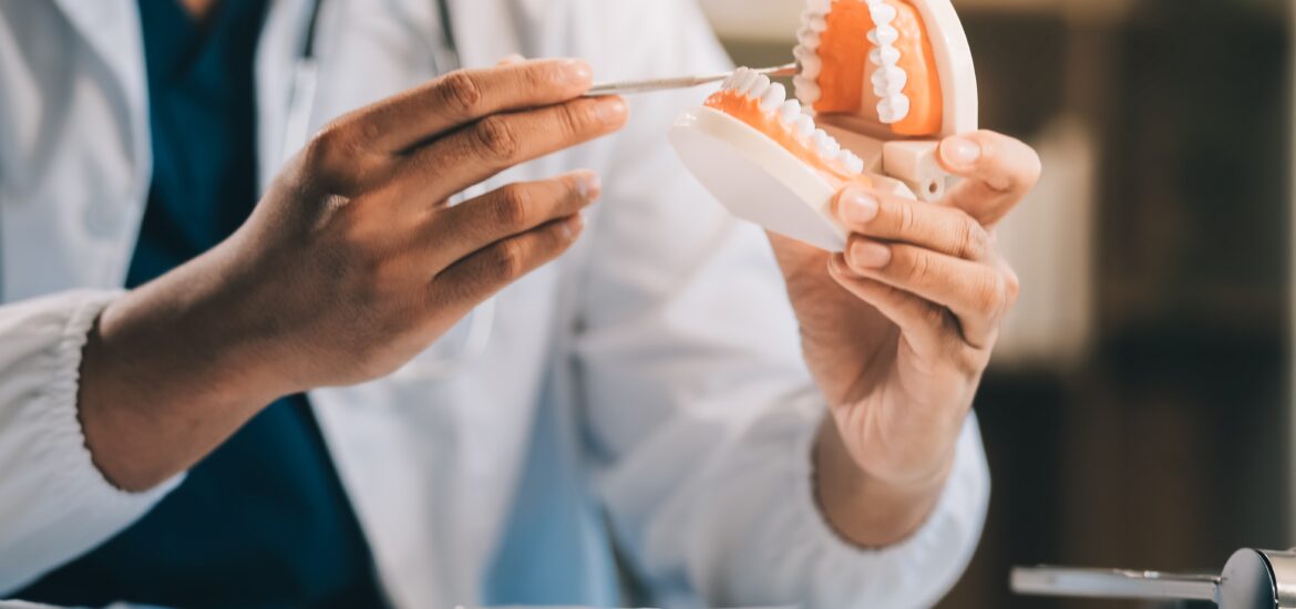 doctor holding up a denture model in Huntington