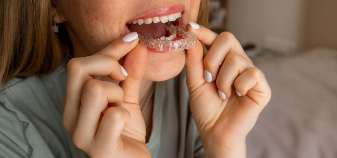 Close-up woman placing clear orthodontic aligner in her mouth