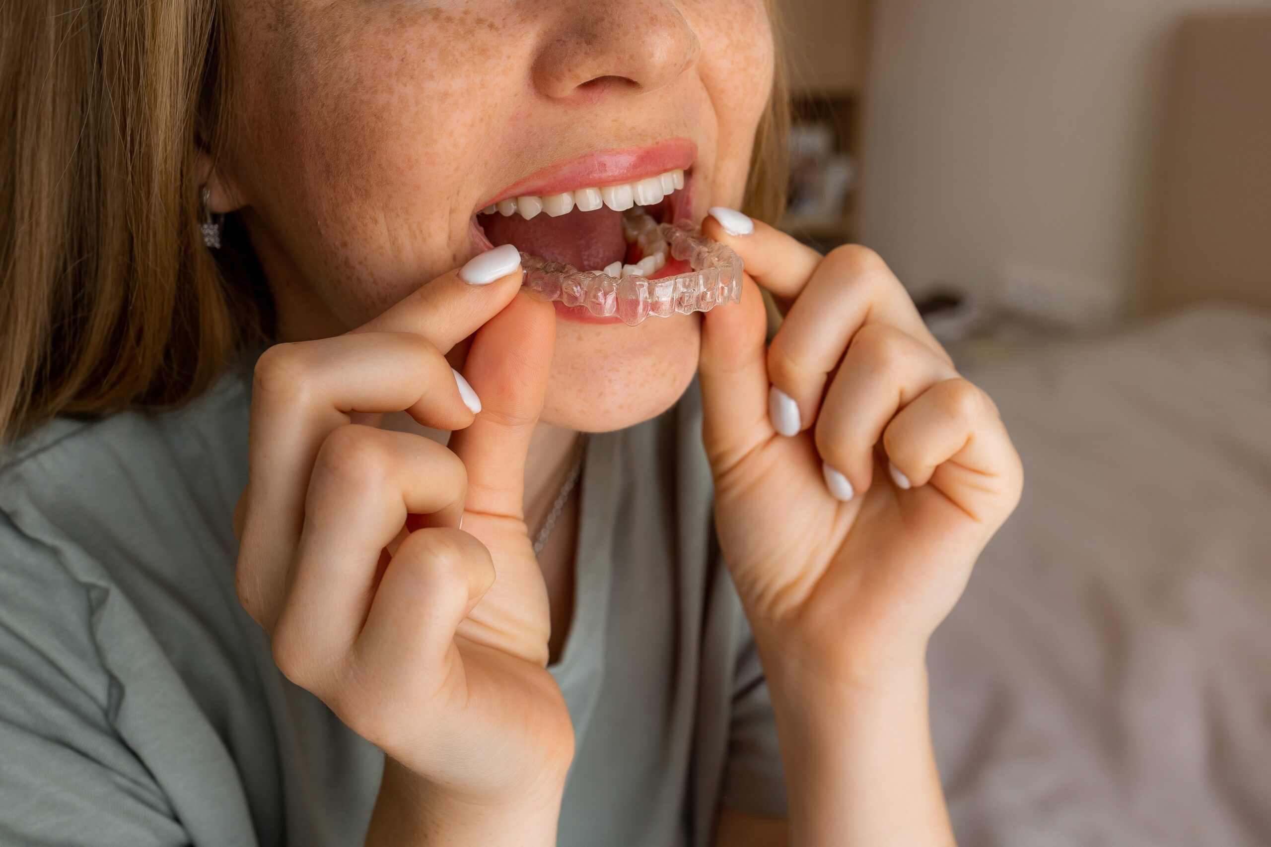 Close-up woman placing clear orthodontic aligner in her mouth